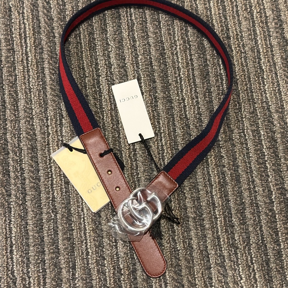 Gucci Kid’s Leather Belt with Red and Blue Stripes